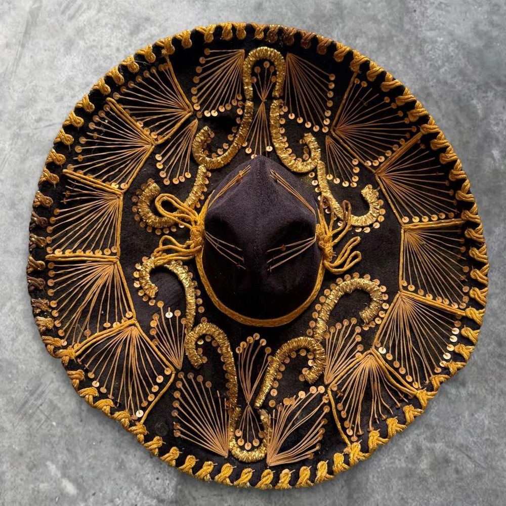 Vintage Pigalle XXXXX Mariachi Sombrero Hat Black Gold Embroidered Mexican
